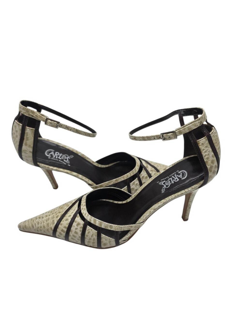 Y2k Carlos Santana Beige Croc-Embossed Pointed Toe Ankle-Strap Heels Size 10